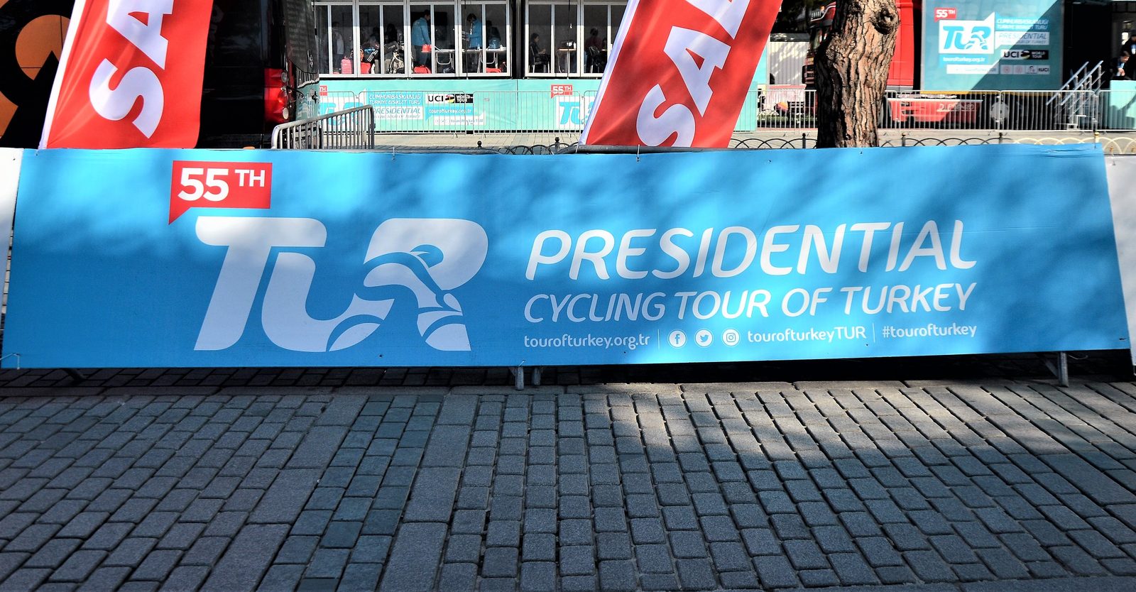 Tour of Türkiye 2026: Tour of Turkey finish-line branding on a city street during the 2019 race.