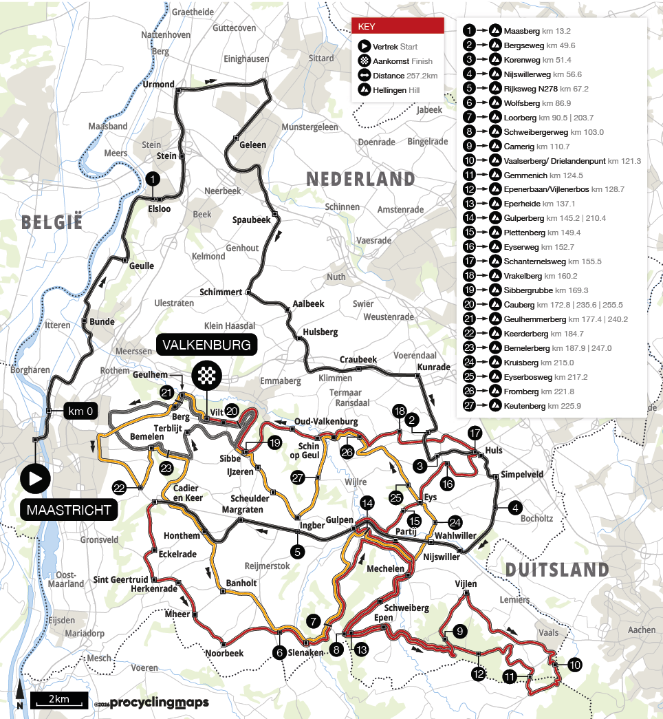 Official Amstel Gold Race 2026 stage map for Maastricht to Berg en Terblijt.