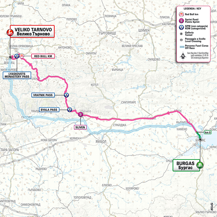 Official Giro d'Italia 2026 stage 2 map for Burgas to Veliko Tarnovo.