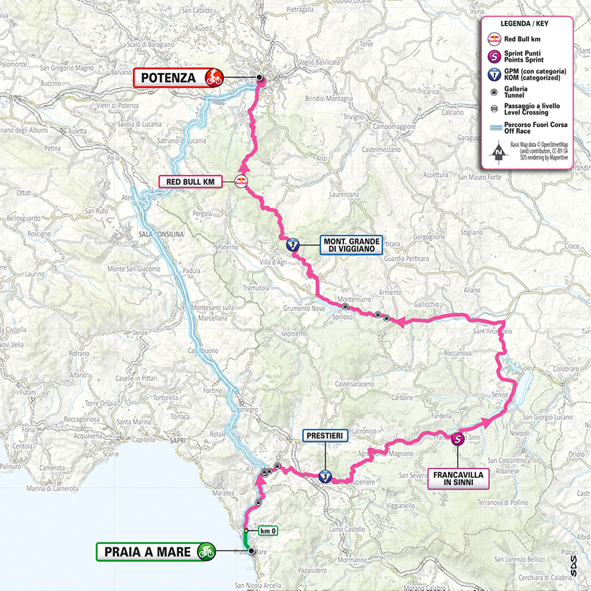 Official Giro d'Italia 2026 stage 5 map for Praia a Mare to Potenza.