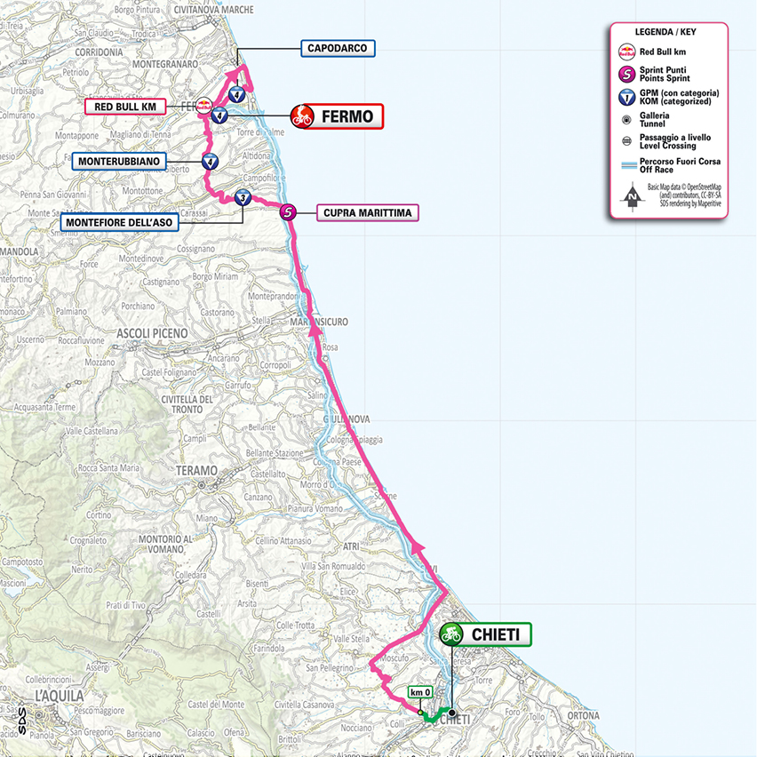Official Giro d'Italia 2026 stage 8 map for Chieti to Fermo.