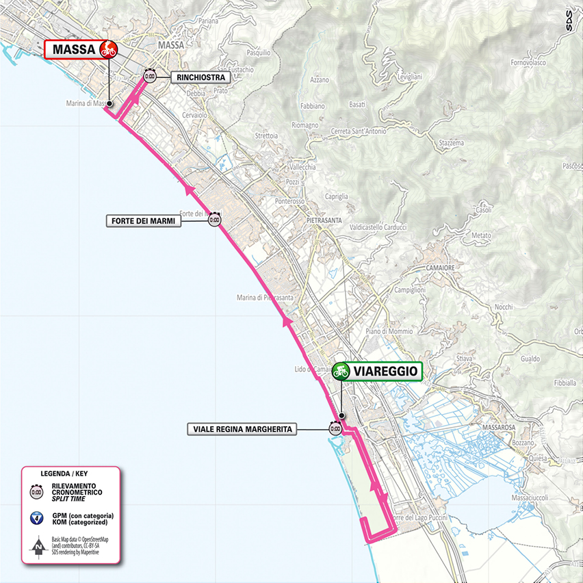Official Giro d'Italia 2026 stage 10 map for Viareggio to Massa TUDOR ITT.