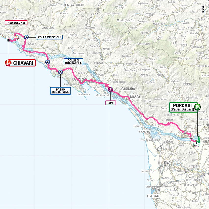 Official Giro d'Italia 2026 stage 11 map for Porcari (Paper District) to Chiavari.