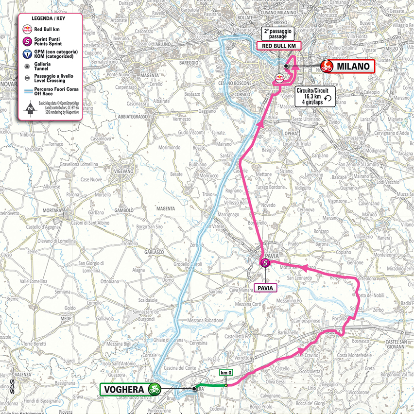 Official Giro d'Italia 2026 stage 15 map for Voghera to Milano.