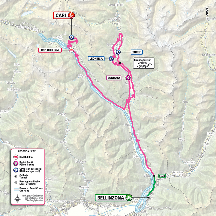 Official Giro d'Italia 2026 stage 16 map for Bellinzona to Carì.