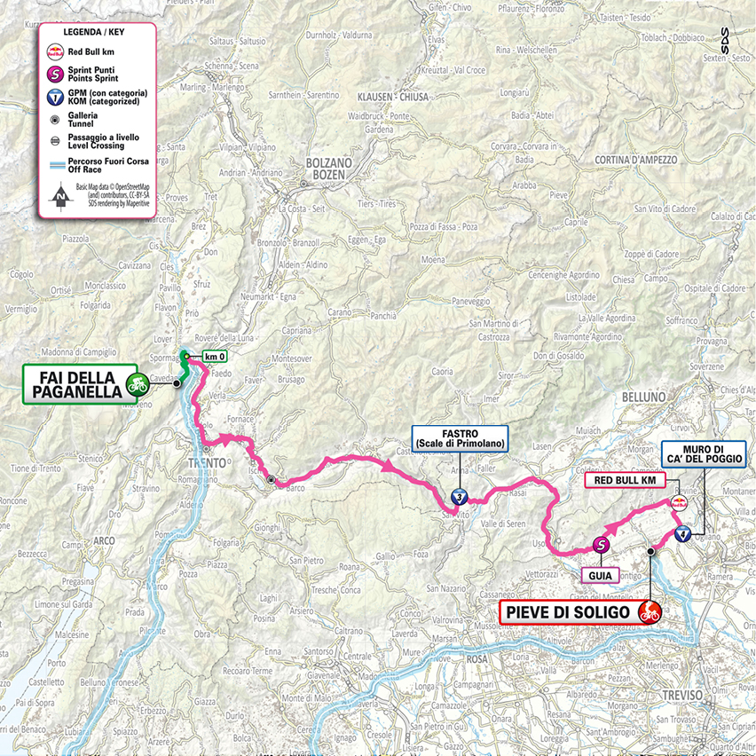 Official Giro d'Italia 2026 stage 18 map for Fai della Paganella to Pieve di Soligo.
