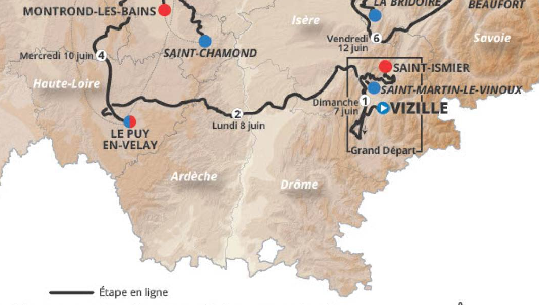 Official Tour Auvergne-Rhone-Alpes 2026 stage 2 map for Saint-Martin-Le-Vinoux to Le Puy-en-Velay.
