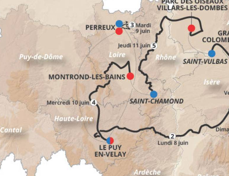 Official Tour Auvergne-Rhone-Alpes 2026 stage 4 map for Le Puy en Velay to Montrond-les-Bains.