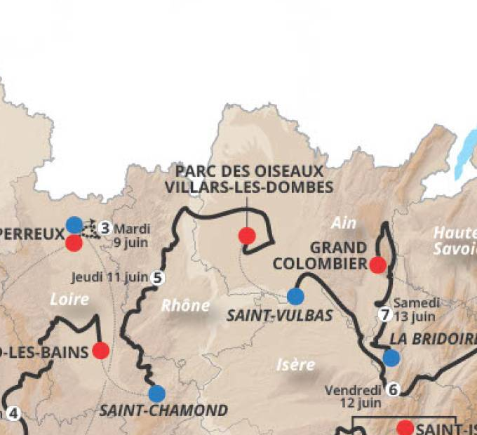 Official Tour Auvergne-Rhone-Alpes 2026 stage 5 map for Saint-Chamond to Parc des Oiseaux - Villars-les-Dombes.