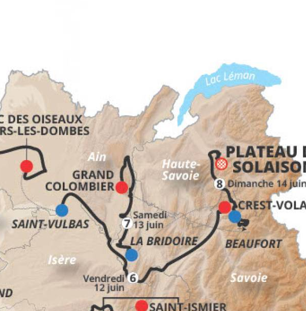 Official Tour Auvergne-Rhone-Alpes 2026 stage 7 map for La Bridoire to Grand Colombier.