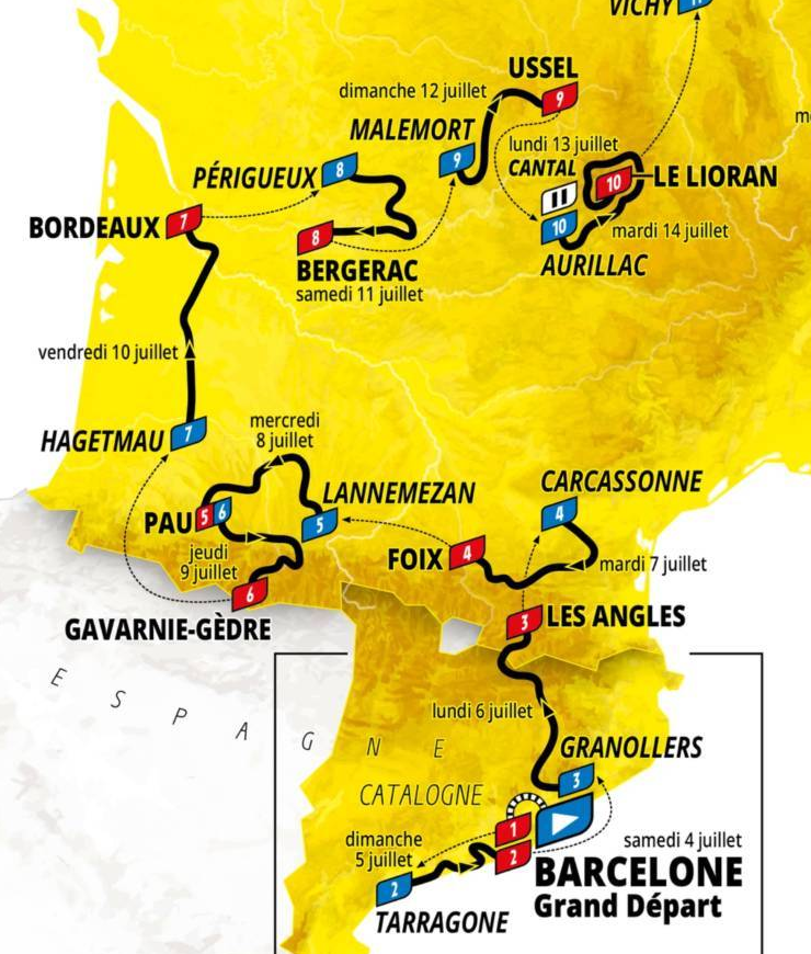 Official Tour de France 2026 stage 10 map for Aurillac to Le Lioran.