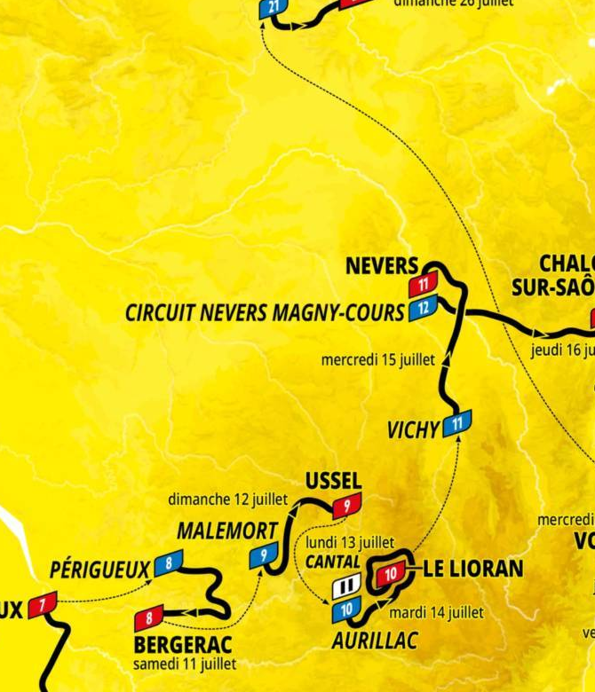 Official Tour de France 2026 stage 11 map for Vichy to Nevers.