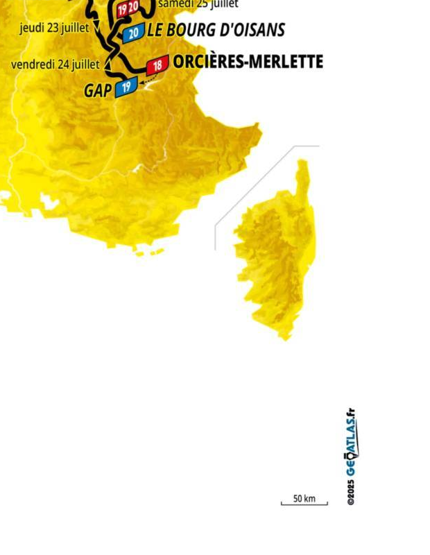 Official Tour de France 2026 stage 20 map for Le Bourg d'Oisans to Alpe d'Huez.