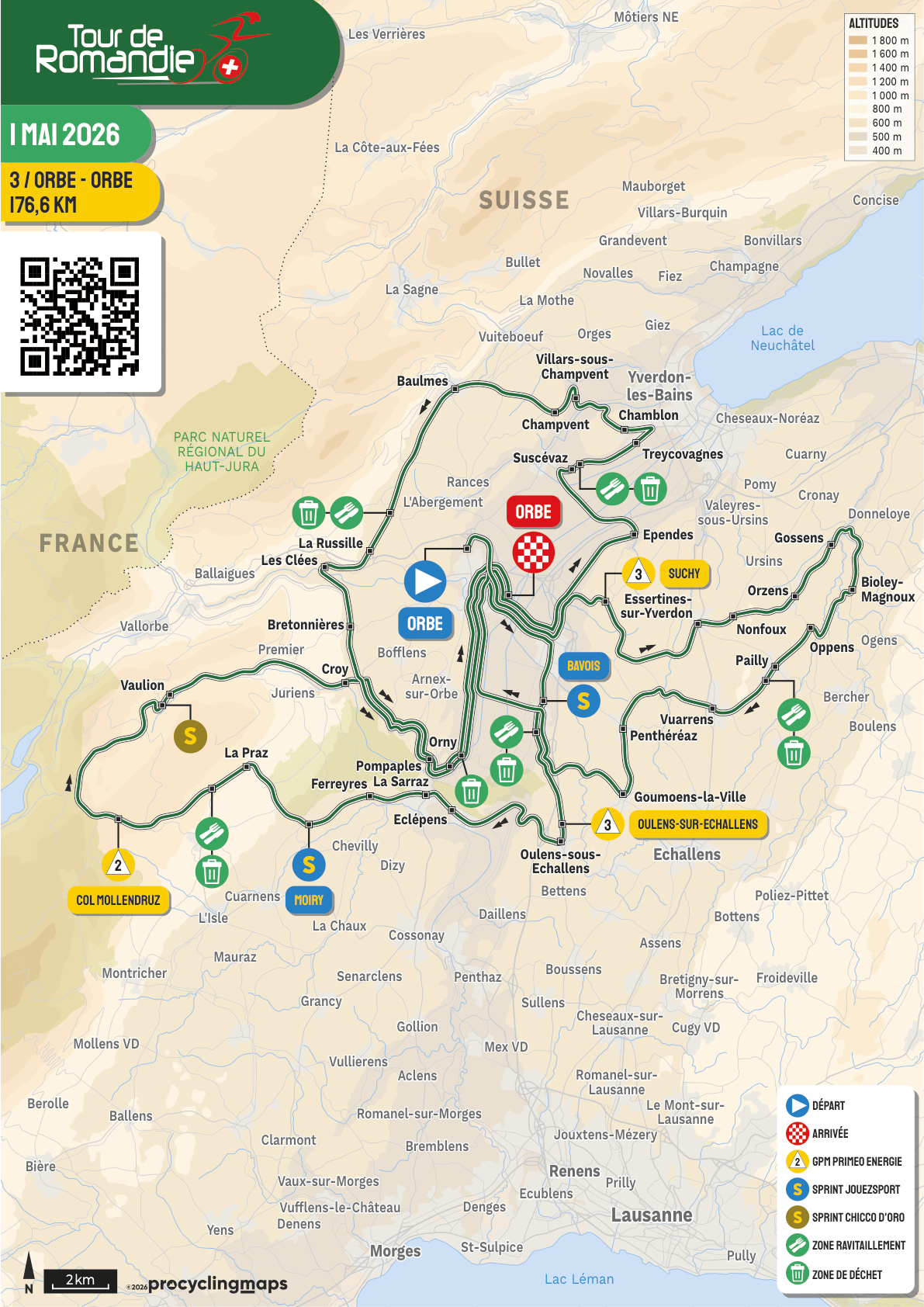 Official Tour de Romandie 2026 stage 3 map for Orbe to Orbe.