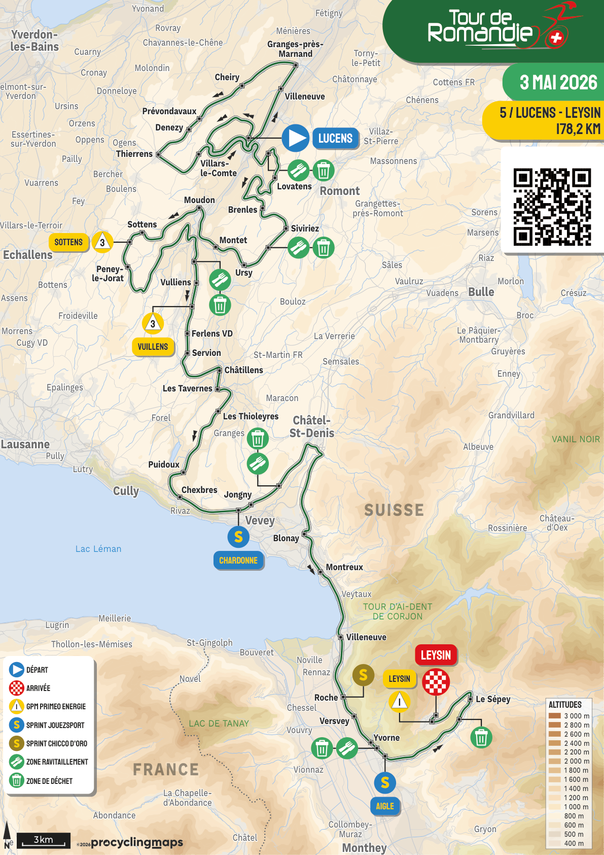 Official Tour de Romandie 2026 stage 5 map for Lucens to Leysin.