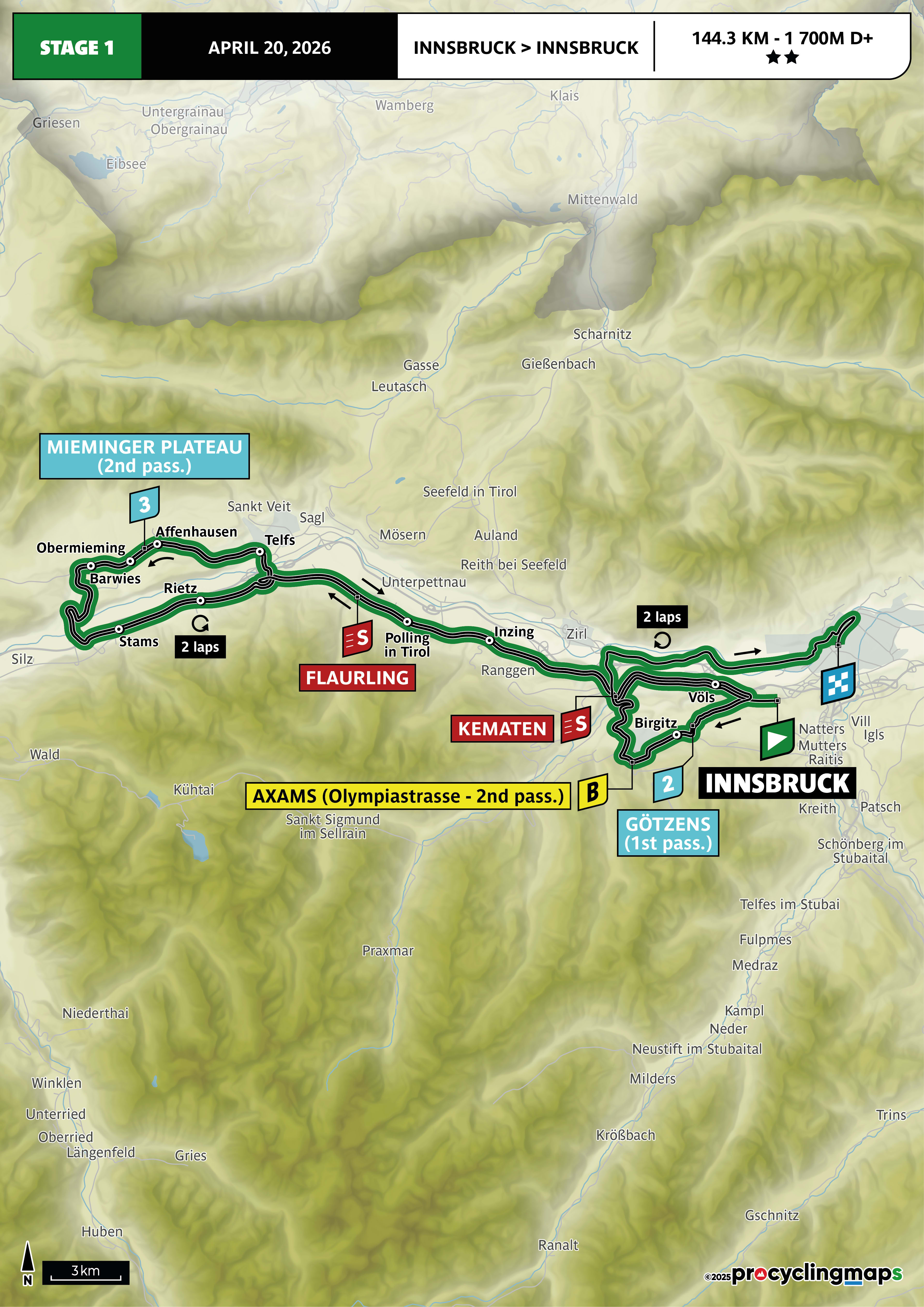 Official Tour of the Alps 2026 stage 1 map for Innsbruck to Innsbruck.