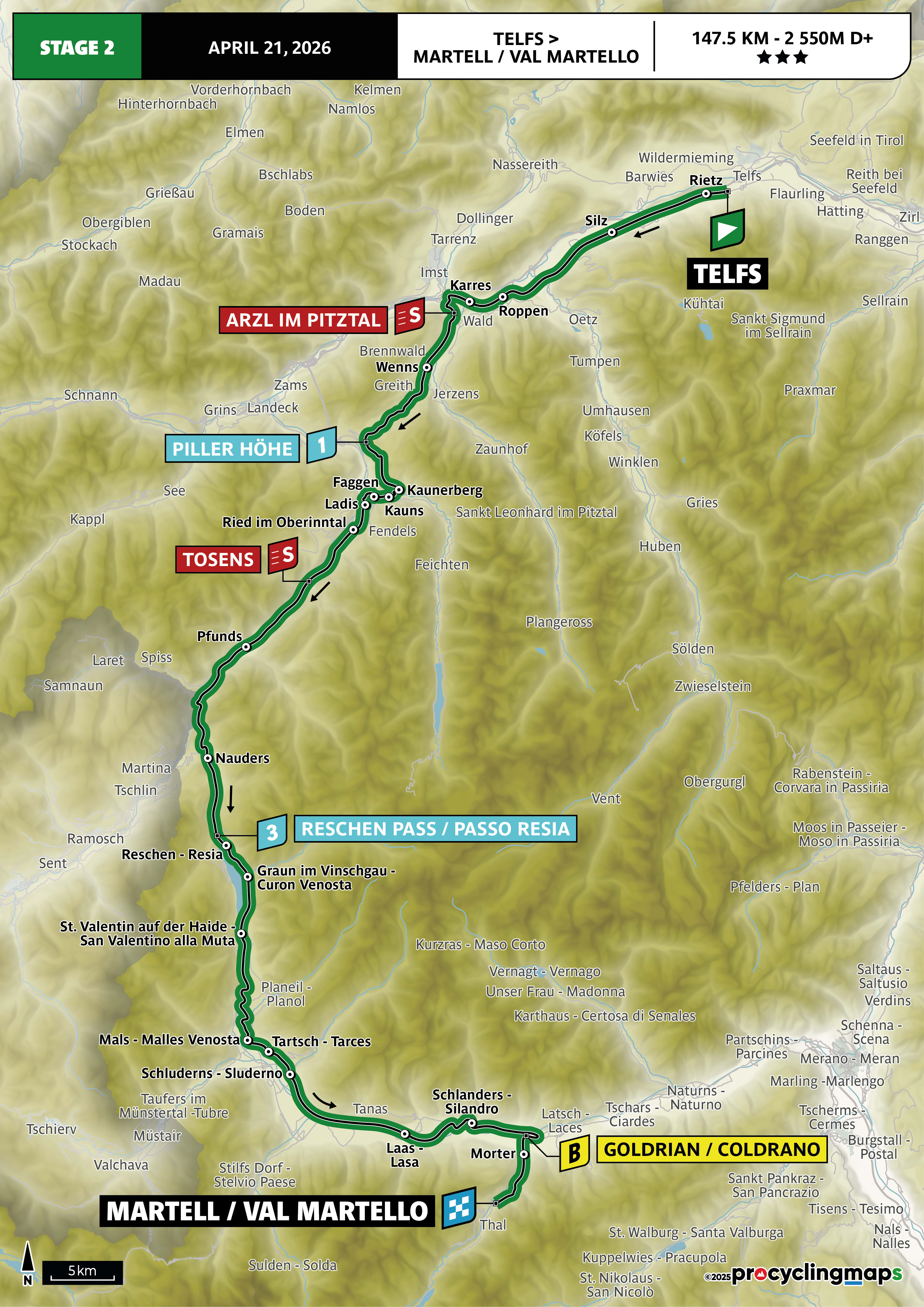 Official Tour of the Alps 2026 stage 2 map for Telfs to Martell/Val Martello.